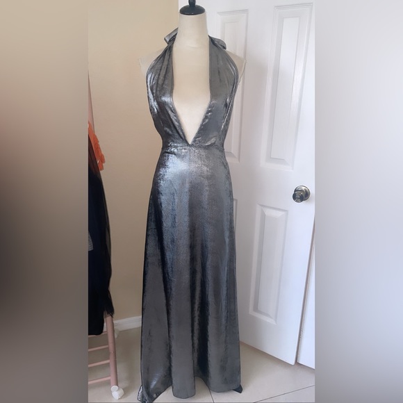 Nasty Gal Dresses & Skirts - Nasty Gal Smoke Gray and Silver Metallic halter neck Maxi Dress